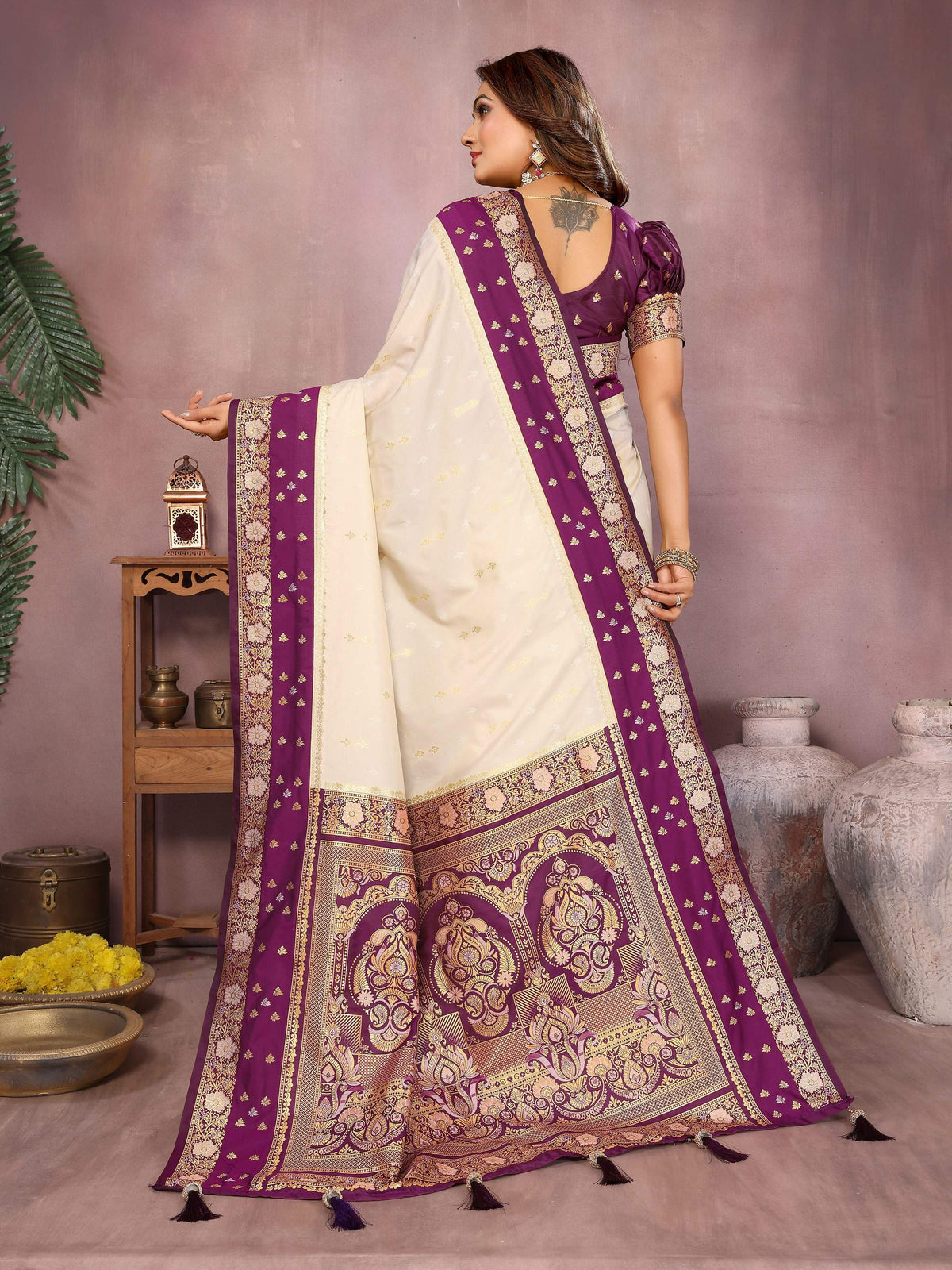 Cream Kalamkari Silk Saree with Elegant Zari Woven Border