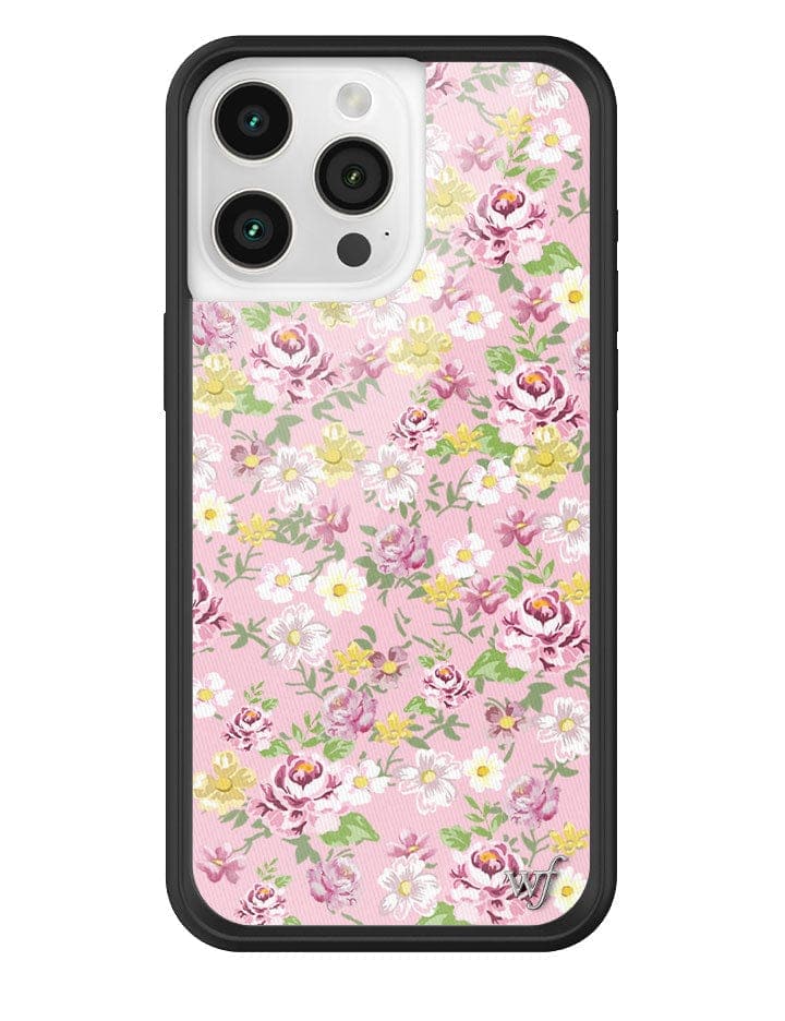 Back view of an iPhone case featuring a dainty pastel pink and yellow daisy floral print on a black bumper.