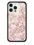 Back view of an iPhone case featuring a dainty pastel pink and yellow daisy floral print on a black bumper.