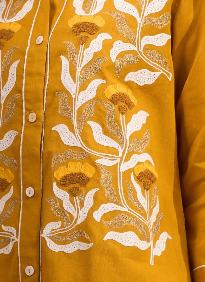 Mustard Cotton Linen Embroidered Cord Set - Festive Readymade Outfit