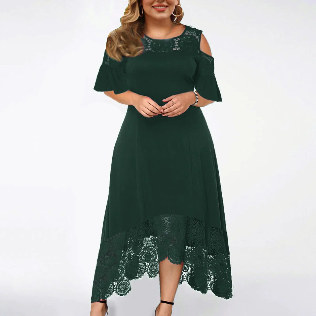 Women's Off-Shoulder Lace Trim Gradient High-Low Dress - Image 34
