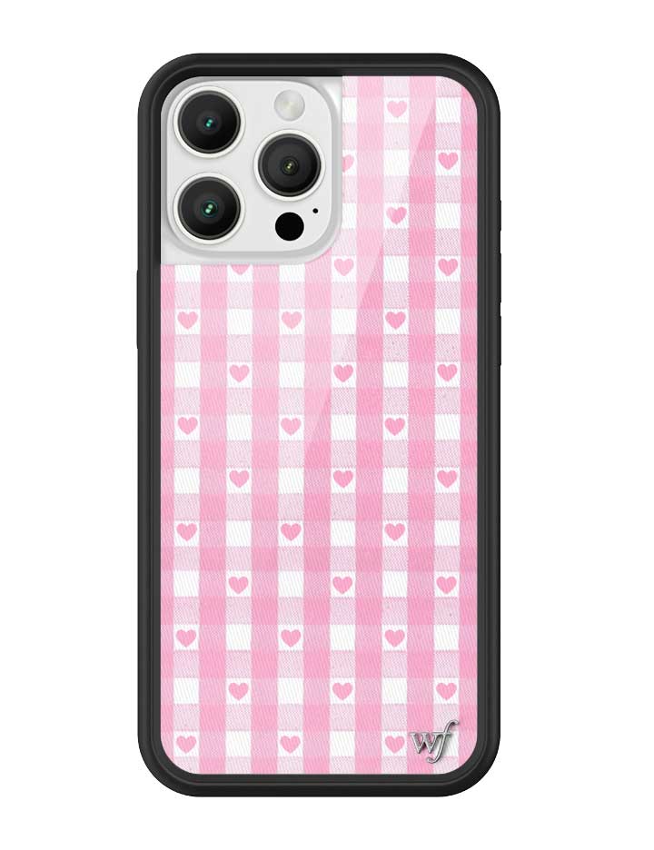 Pink Gingham Hearts iPhone case with a black rubber bumper and silver hardware details.