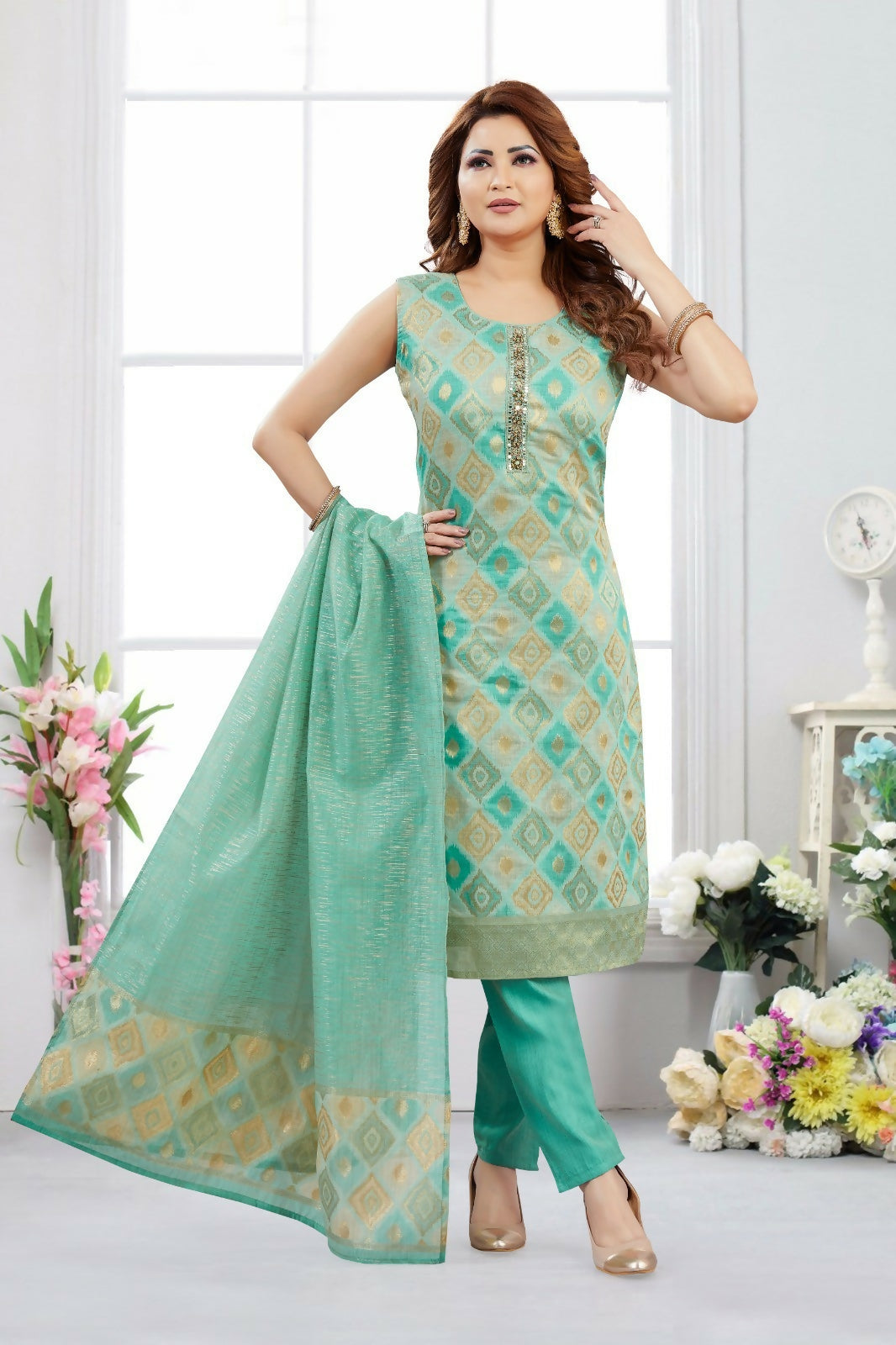 Elegant Firozi Jacquard kurta set with matching silk trousers and dupatta