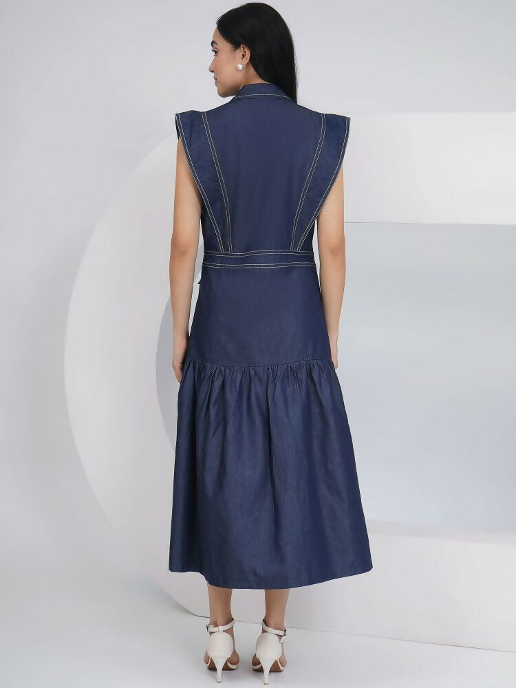 Blue Denim Midi Dress with Sleeveless A-Line Silhouette