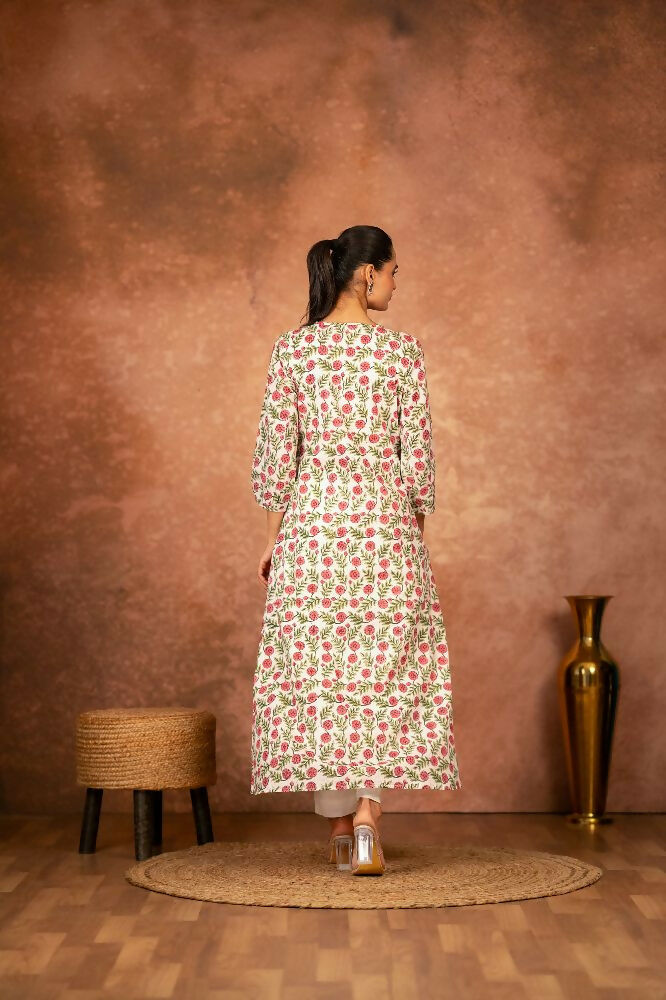 Red Floral Hand Block Printed Cotton Kurta Pant Set