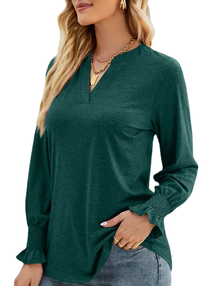 Women Long Sleeve V-Neck Lightweight Sweatshirt with Smocked Cuffs - Image 10