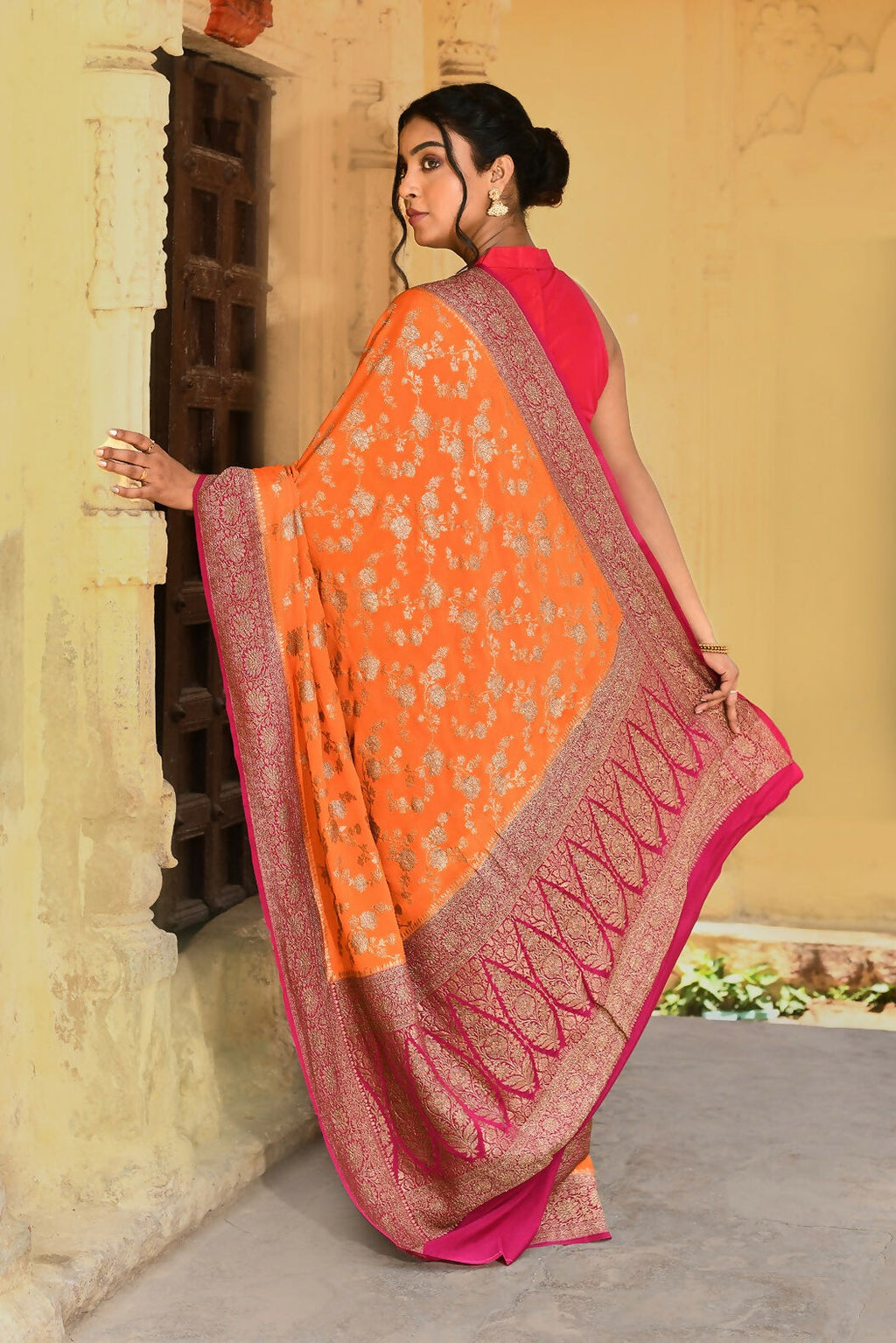 Orange Crepe Chiffon Pure Handloom Banarasi Silk Saree