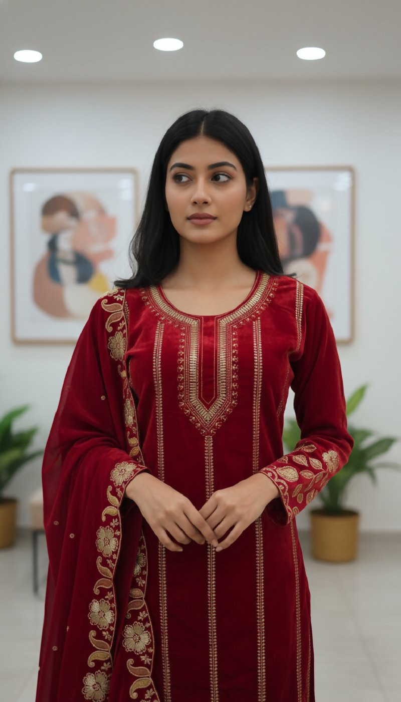 Red Velvet Kurta Set with Embroidery and Sequence Work