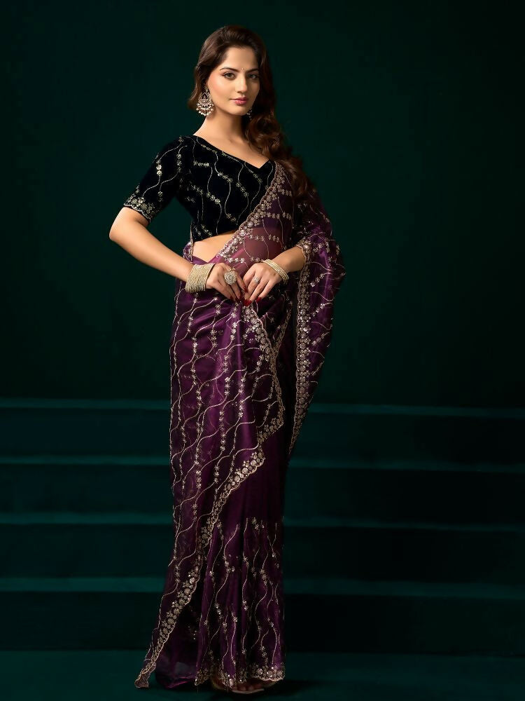 Wine Net Party Wear Saree with Black Velvet Blouse