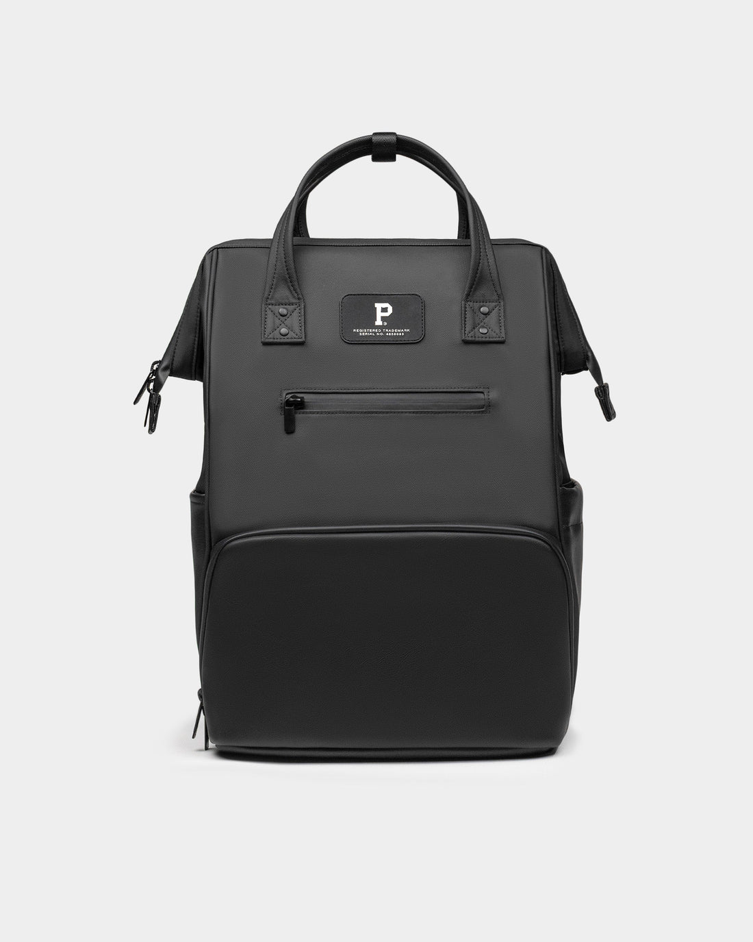 Front and back view of the black Cascade Getaway weather-proof convertible travel backpack