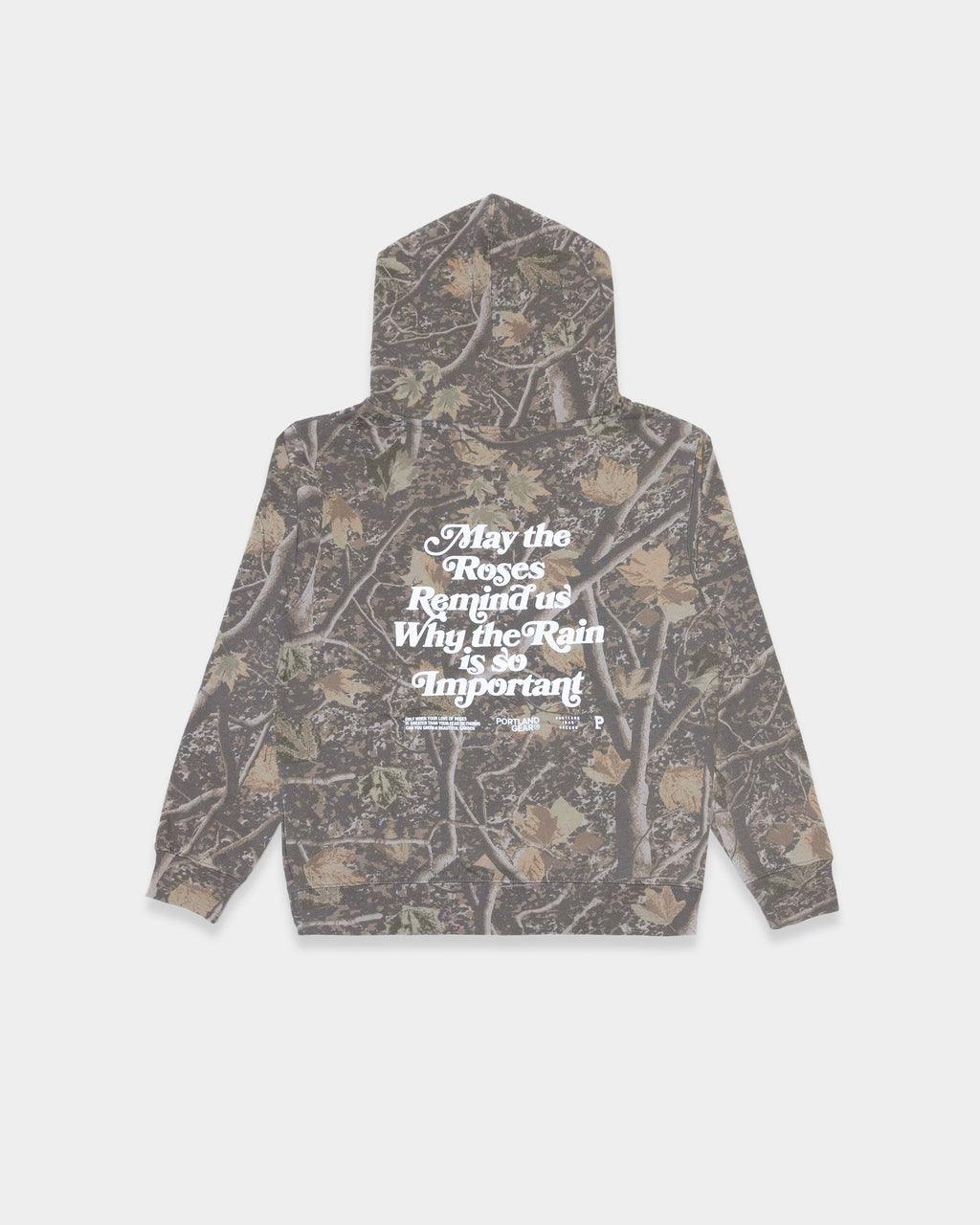 Youth hooded sweatshirt featuring a brown and green camouflage leaf print and a slogan on the back.
