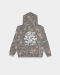 Youth hooded sweatshirt featuring a brown and green camouflage leaf print and a slogan on the back.