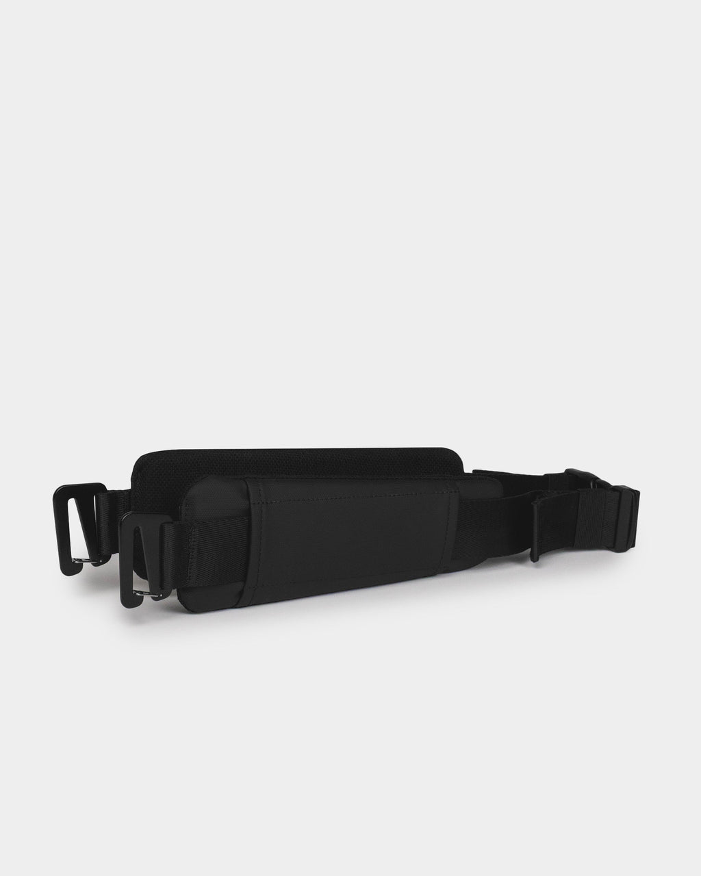 Close up of the black padded Getaway Hip-Belt attachment with clips and adjustment straps on a white background.