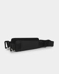 Close up of the black padded Getaway Hip-Belt attachment with clips and adjustment straps on a white background.