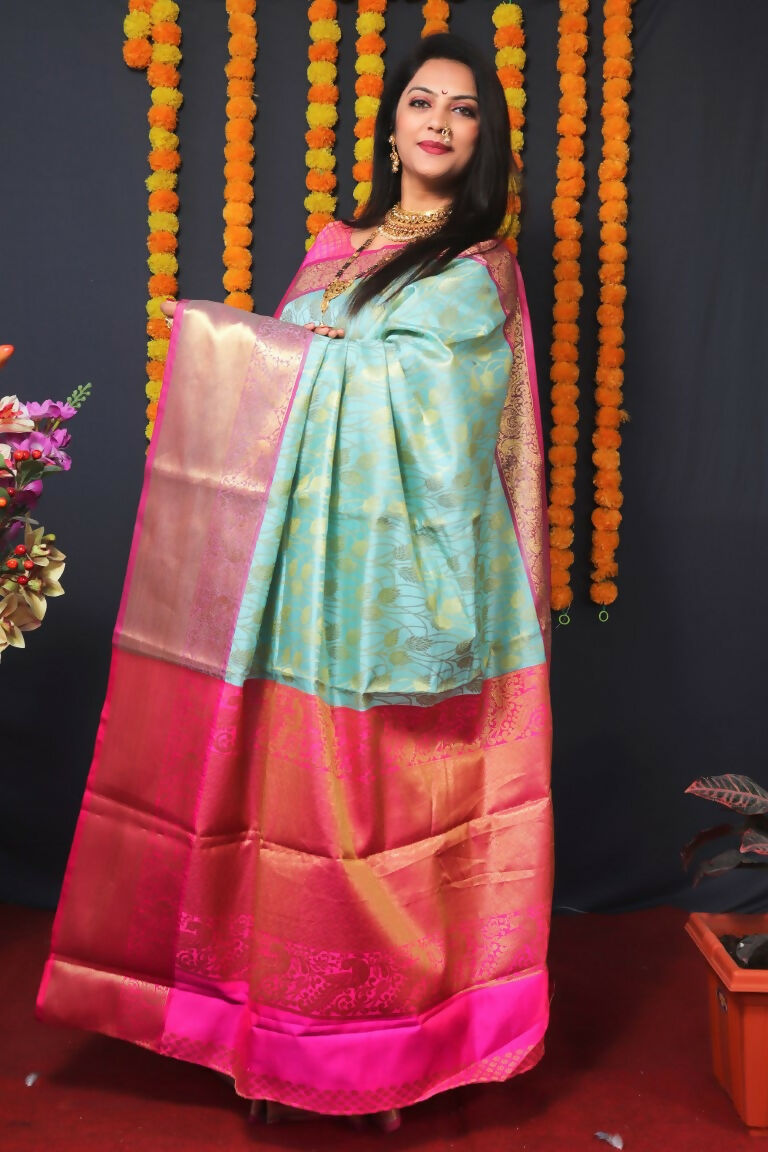 Sky Blue Kanjivaram Silk Zari Woven Saree with Pink Blouse