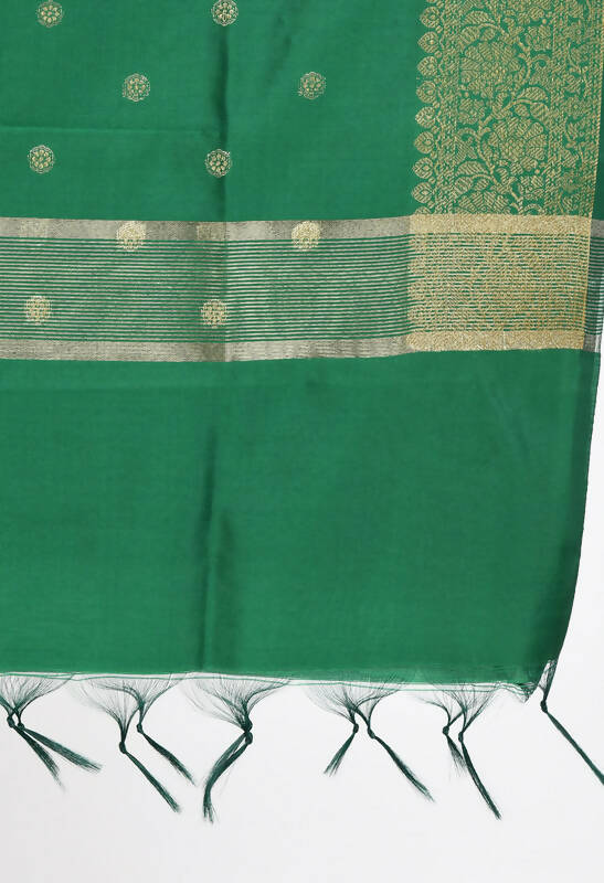 Women's Banarsi Silk Green Dupatta with Metallic Gold Woven Design