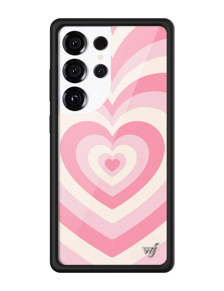 Latte Love Samsung Galaxy case with pink nested heart pattern and black protective bumper