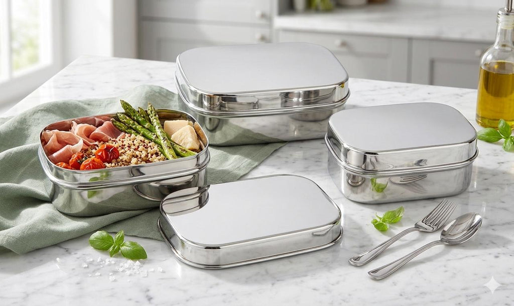 A set of three nesting stainless steel food containers with a minimalist design.