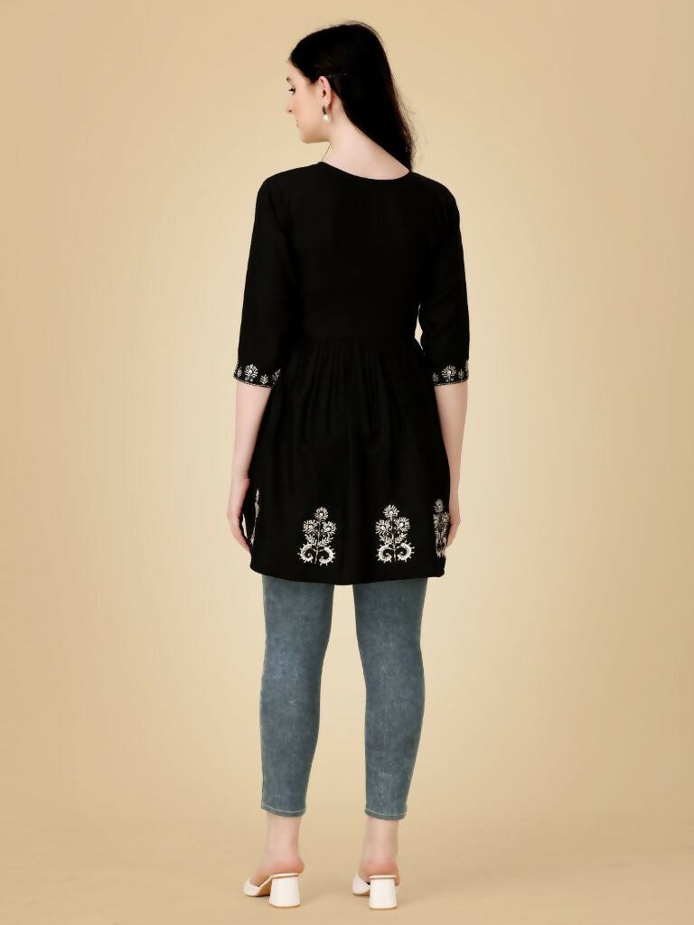 Women's Black Embroidered Viscose Rayon Casual Top