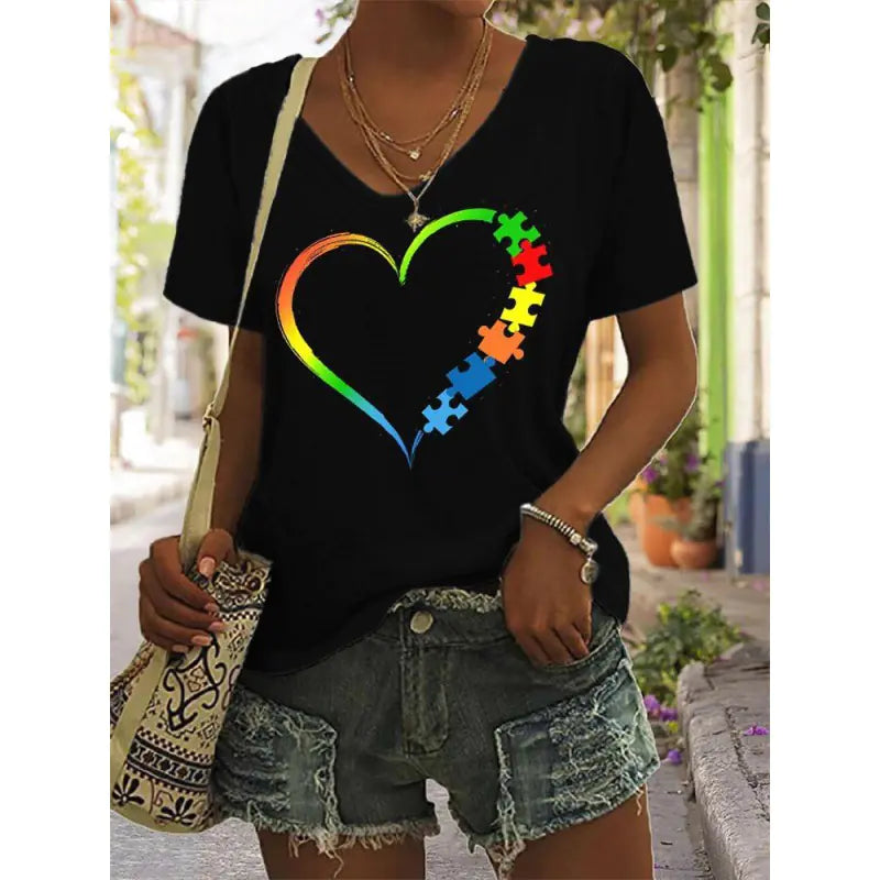 Women's Graphic Print V-Neck T-Shirt Casual Short Sleeve Tee