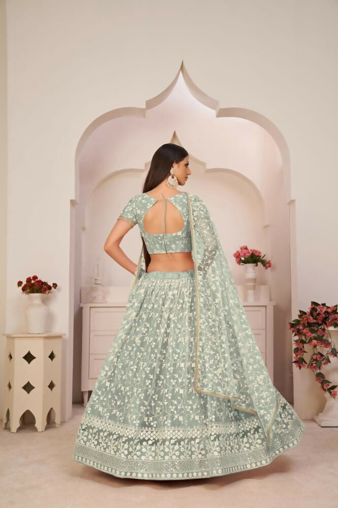Turquoise Green Butterfly Net Lehenga with Zari and Sequence Embroidery