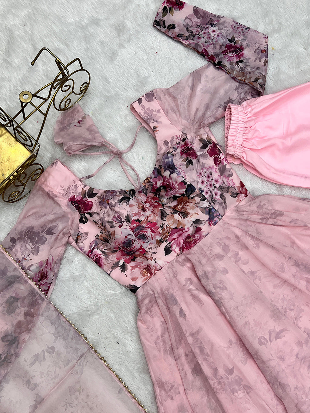 Pink Floral Print Organza Silk Fully Flared Anarkali Set
