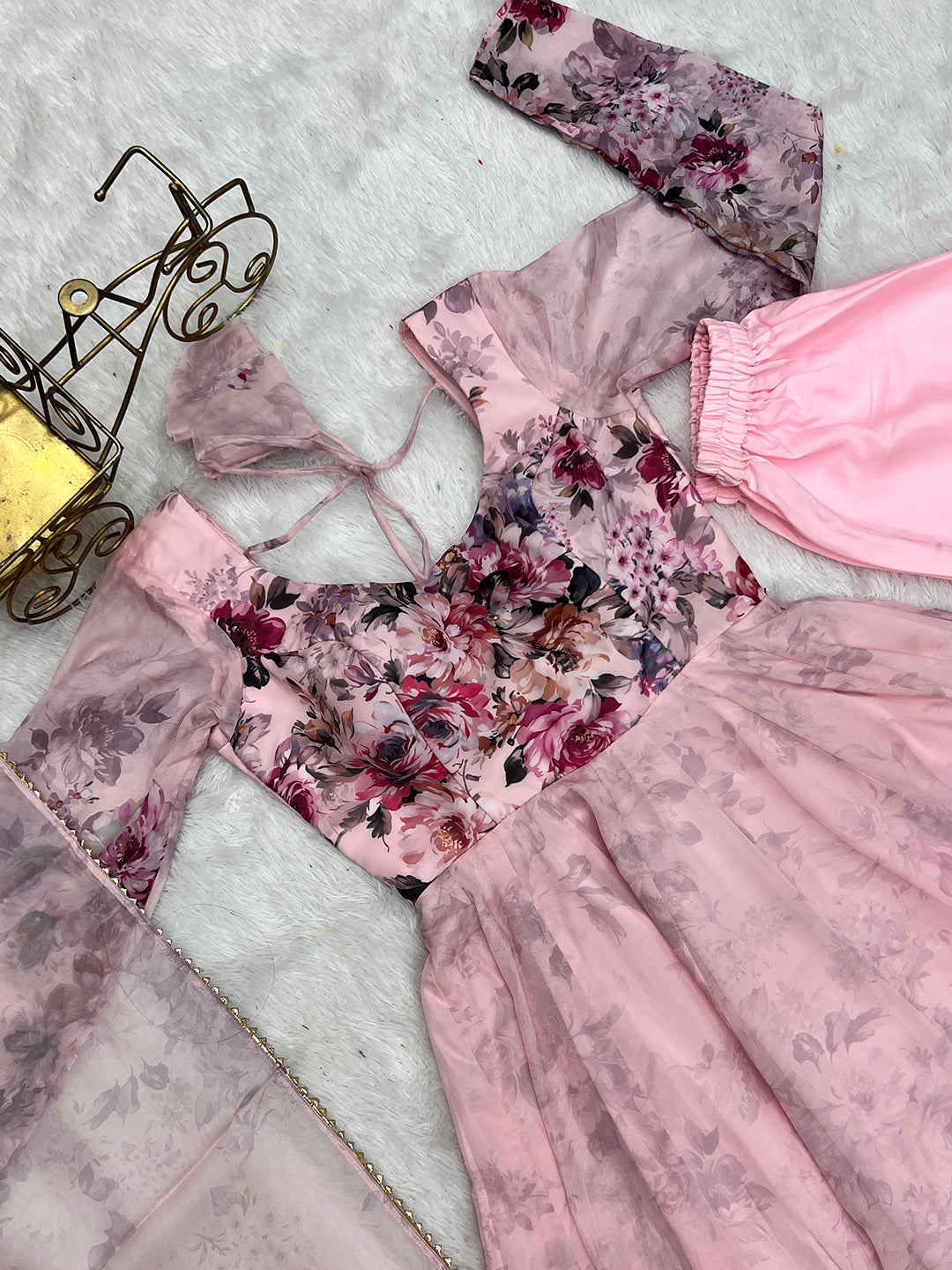 Pink Floral Print Organza Silk Fully Flared Anarkali Set