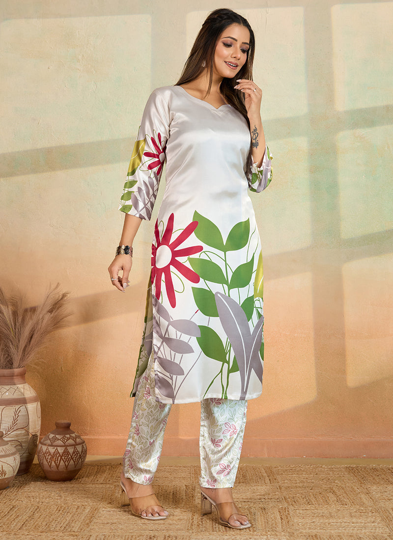 Off White Printed Cotton Rayon Kurta Pant Set for Women