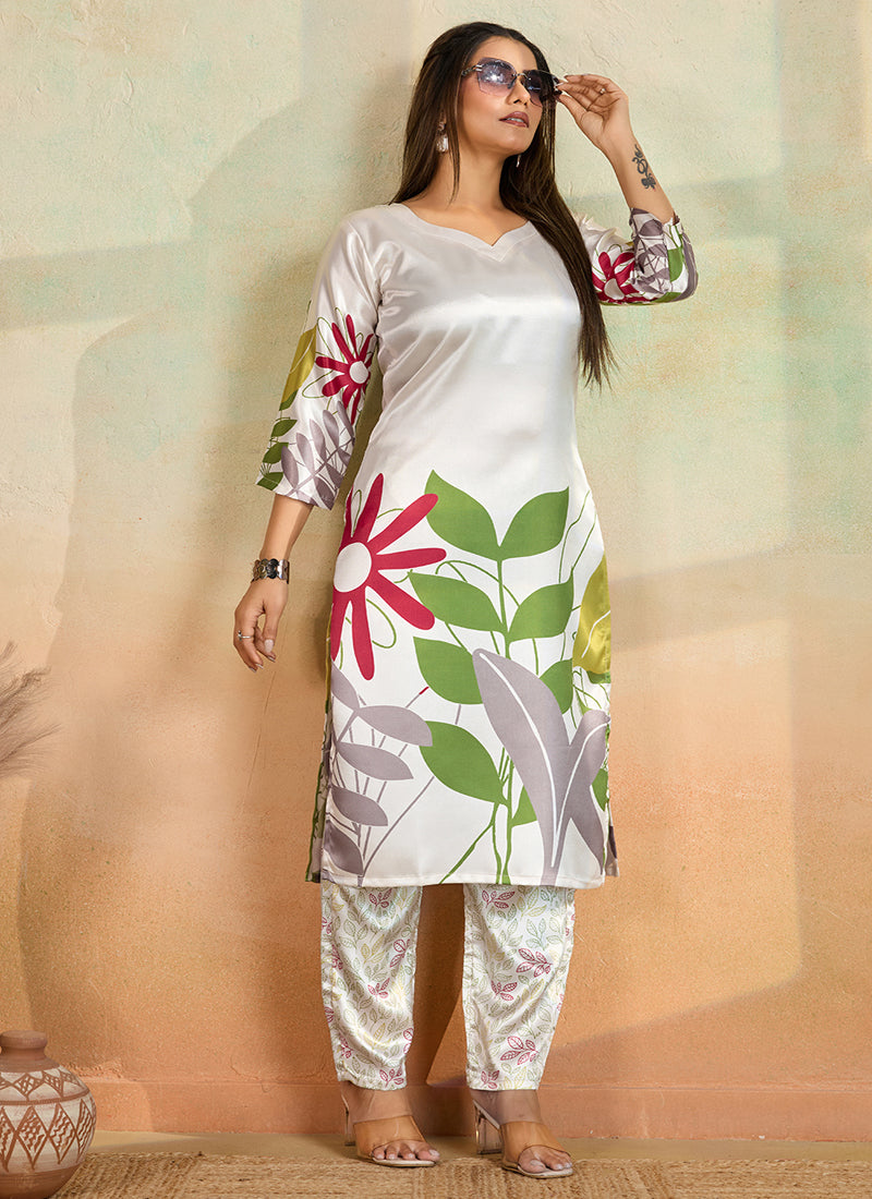 Off White Printed Cotton Rayon Kurta Pant Set for Women