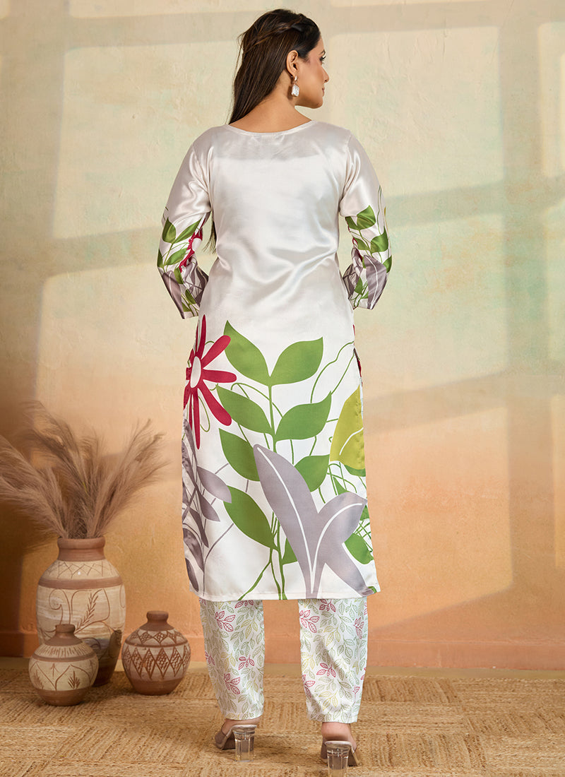 Off White Printed Cotton Rayon Kurta Pant Set for Women