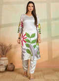 An off-white printed cotton rayon kurta pant set with a sophisticated design.