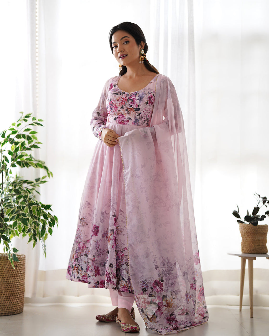 Pink floral print soft organza silk Anarkali set with 4-meter flare
