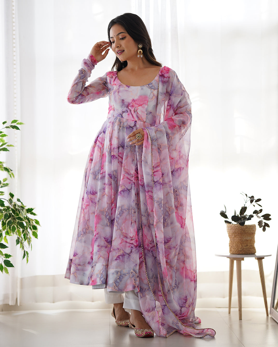 Pink Pure Soft Organza Silk Anarkali kurta with heavy flair and matching pant and dupatta set