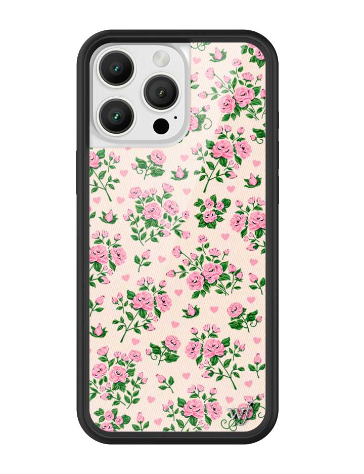 Pinky Promise iPhone case with pink floral pattern on blush background and black bumper