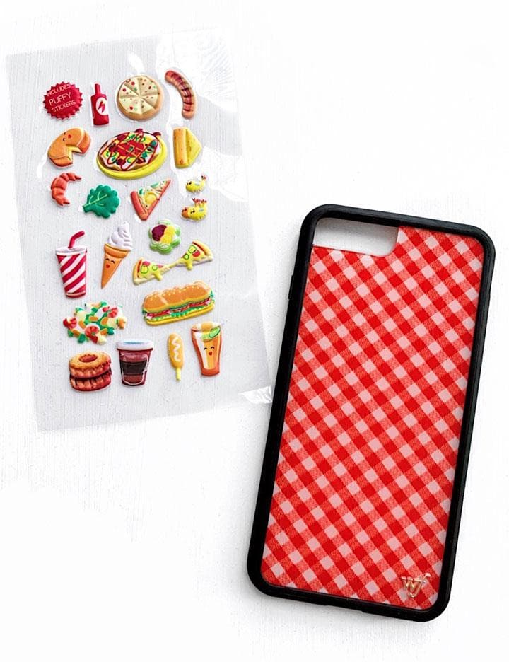 Pizzeria themed puffy stickers featuring pizza slices, sandwiches, and drinks displayed next to a red gingham phone case.