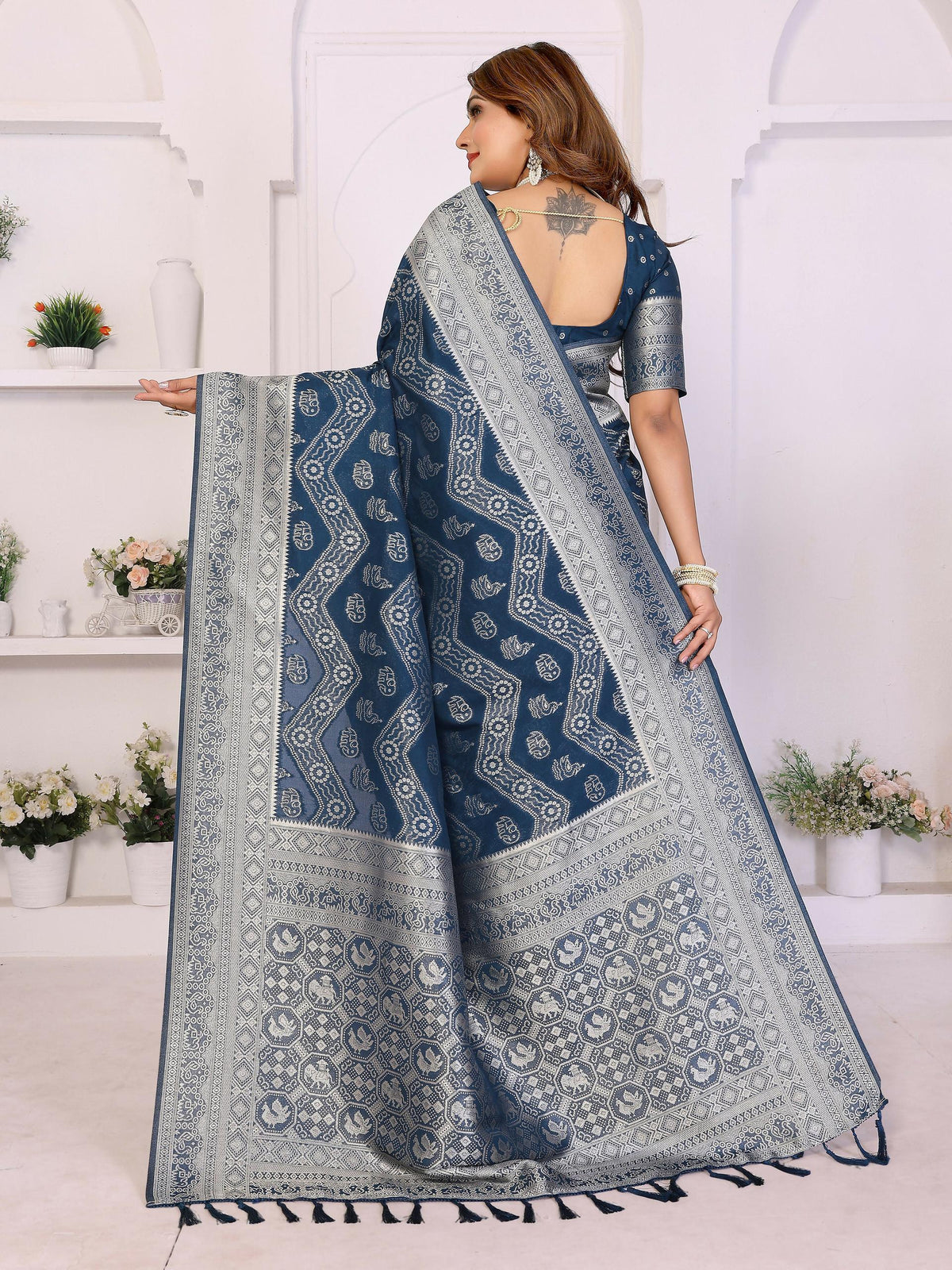 Teal Blue Georgette Silk Leheriya Saree with Zari Weaving