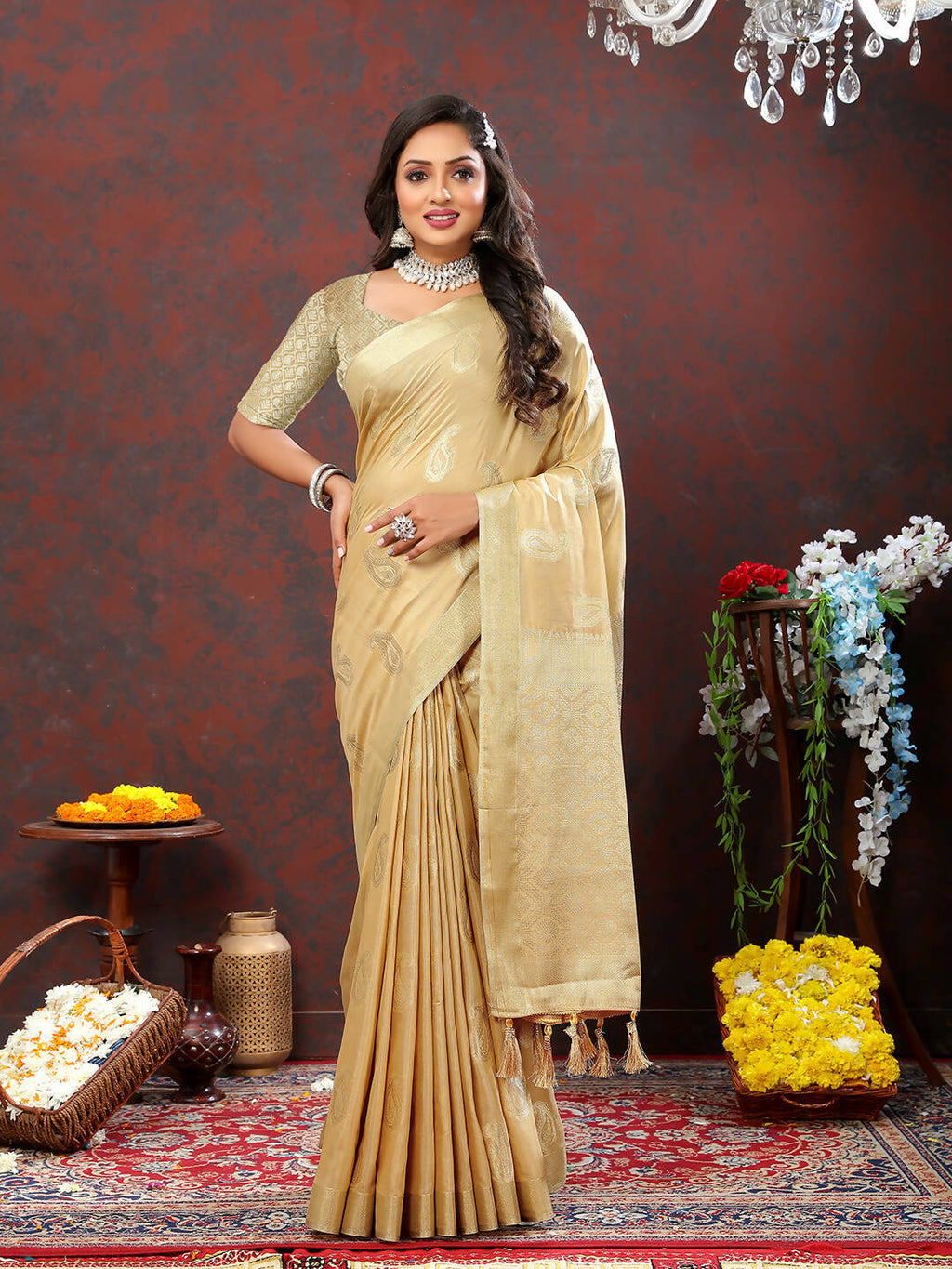 Lorenvalley Fashion Cream Cotton Woven Design with Zari Weaving Design Saree