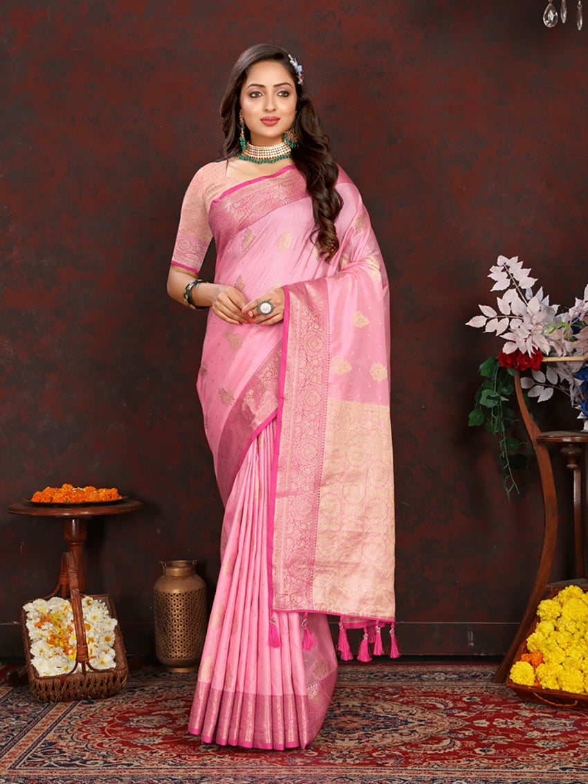 Pink soft Katan silk saree with elegant Zari weaving pallu