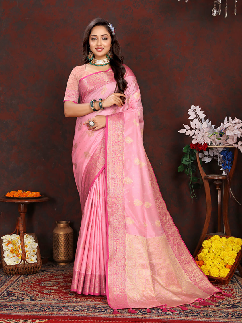 Pink Soft Katan Silk Saree with Zari Weaving Pallu