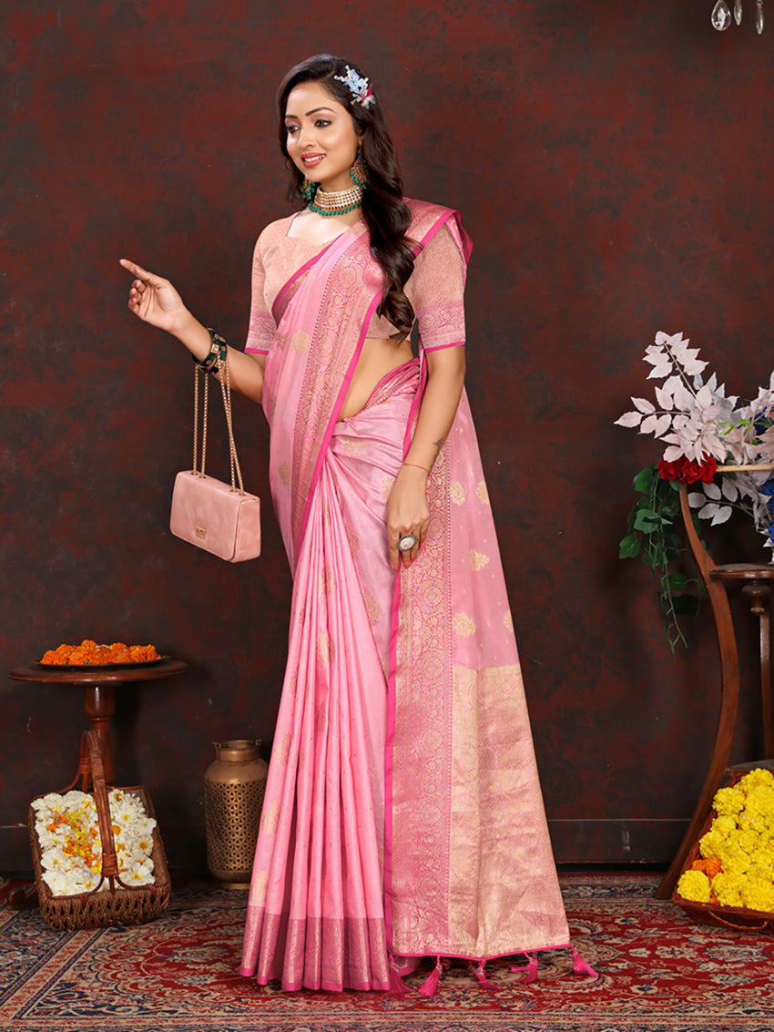 Pink Soft Katan Silk Saree with Zari Weaving Pallu