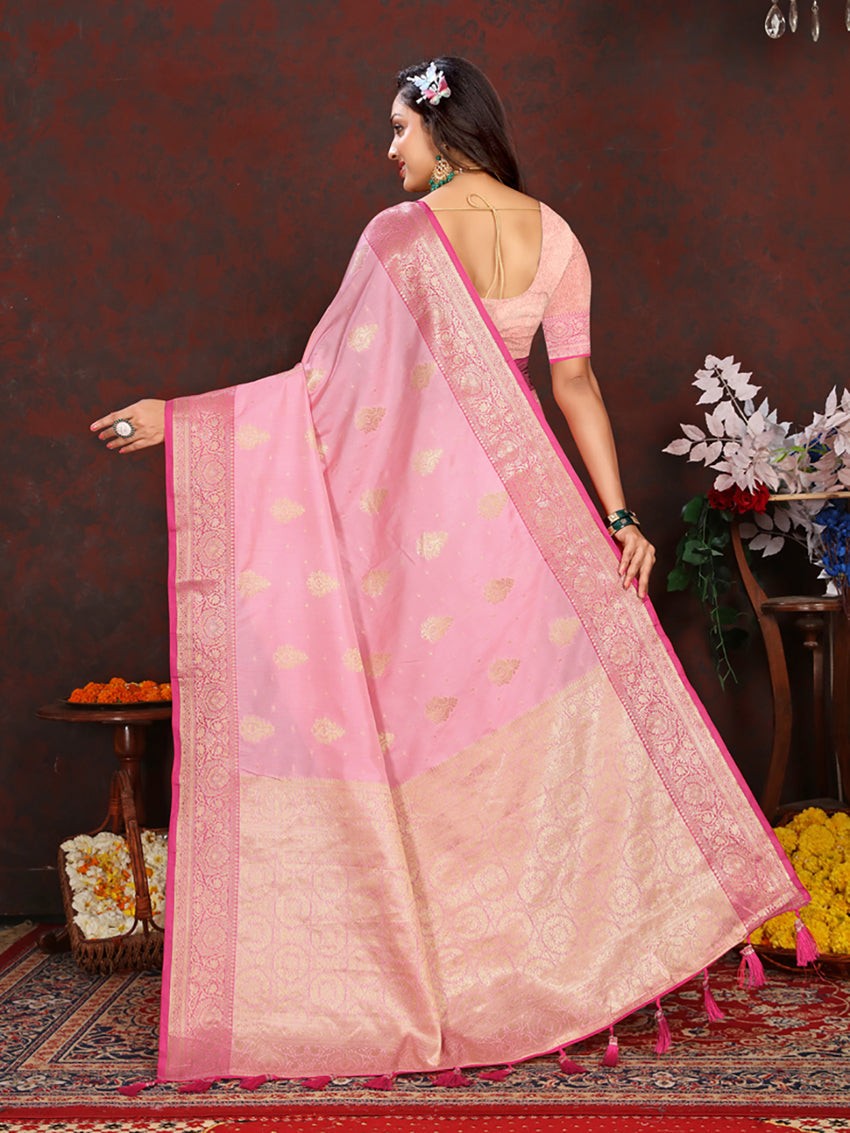 Pink Soft Katan Silk Saree with Zari Weaving Pallu