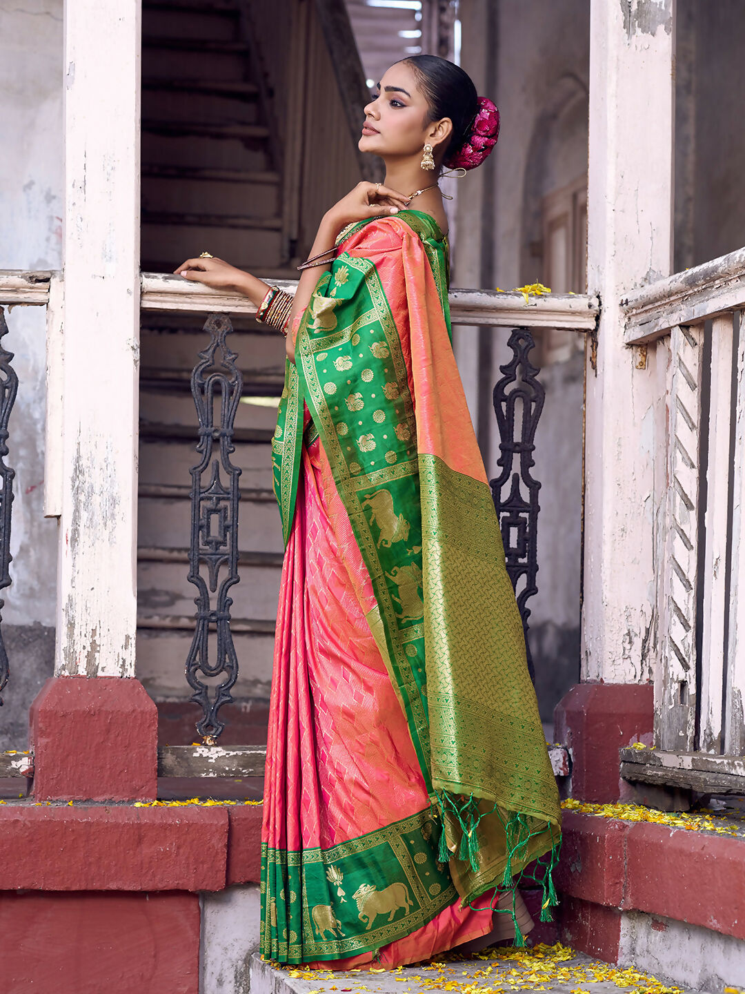 Peach Soft Silk Saree with Contrasting Green Blouse Piece