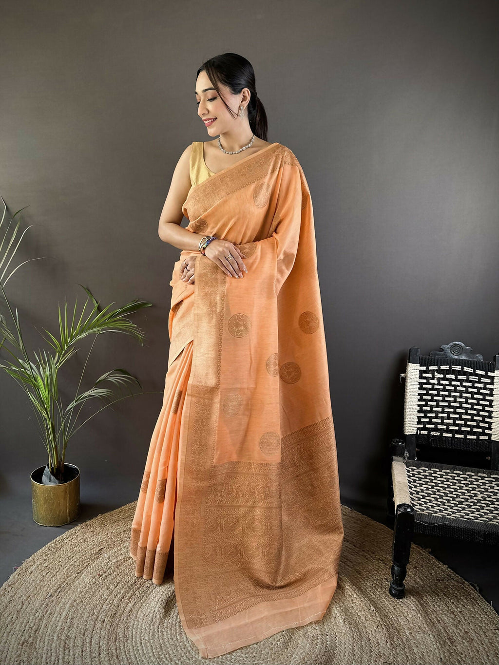 Orange floral and paisley linen silk Banarasi saree
