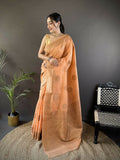 Orange floral and paisley linen silk Banarasi saree