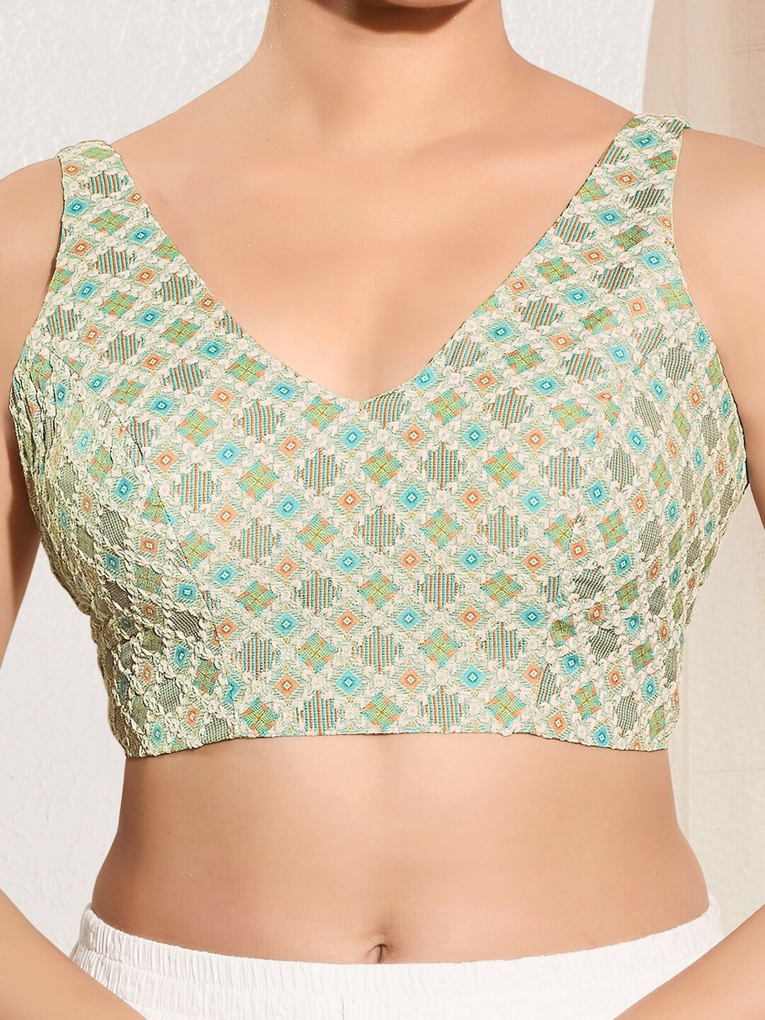 Joban Fashion Pista Green Jacquard Padded Blouse With V Neck Sleeveless