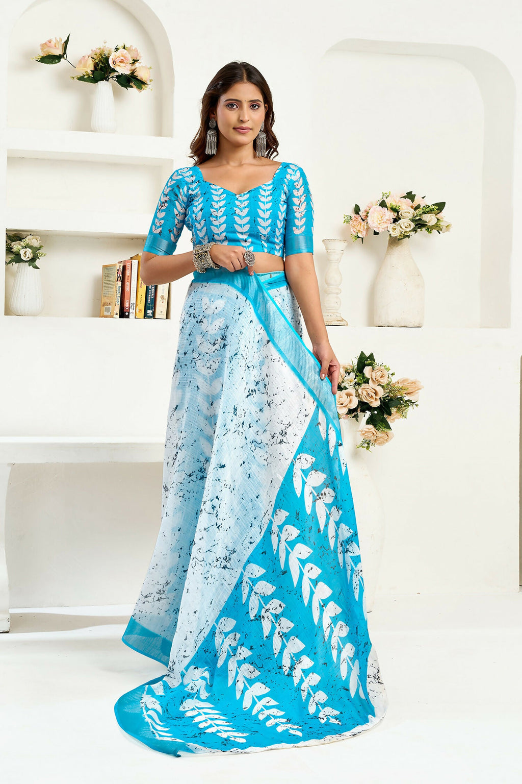 White Leaf Print Ready to Wear Linen Saree with Sky Blue Blouse