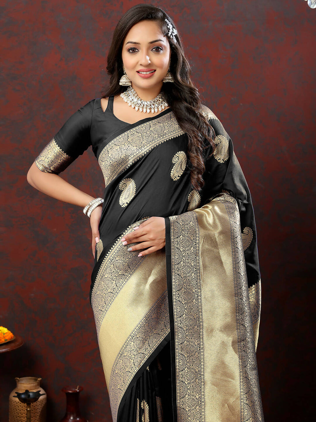 Black Soft Silk Saree with Gold Zari Weaving and Silk Blouse