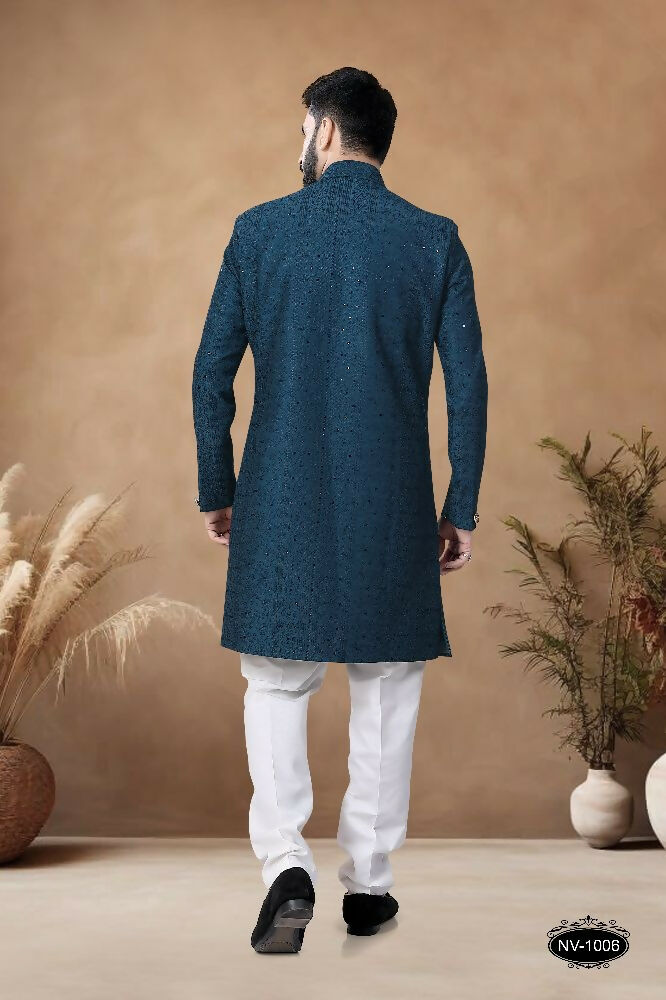 Men's Blue Straight Indo-Western Kurta Set with Heavy Embroidery
