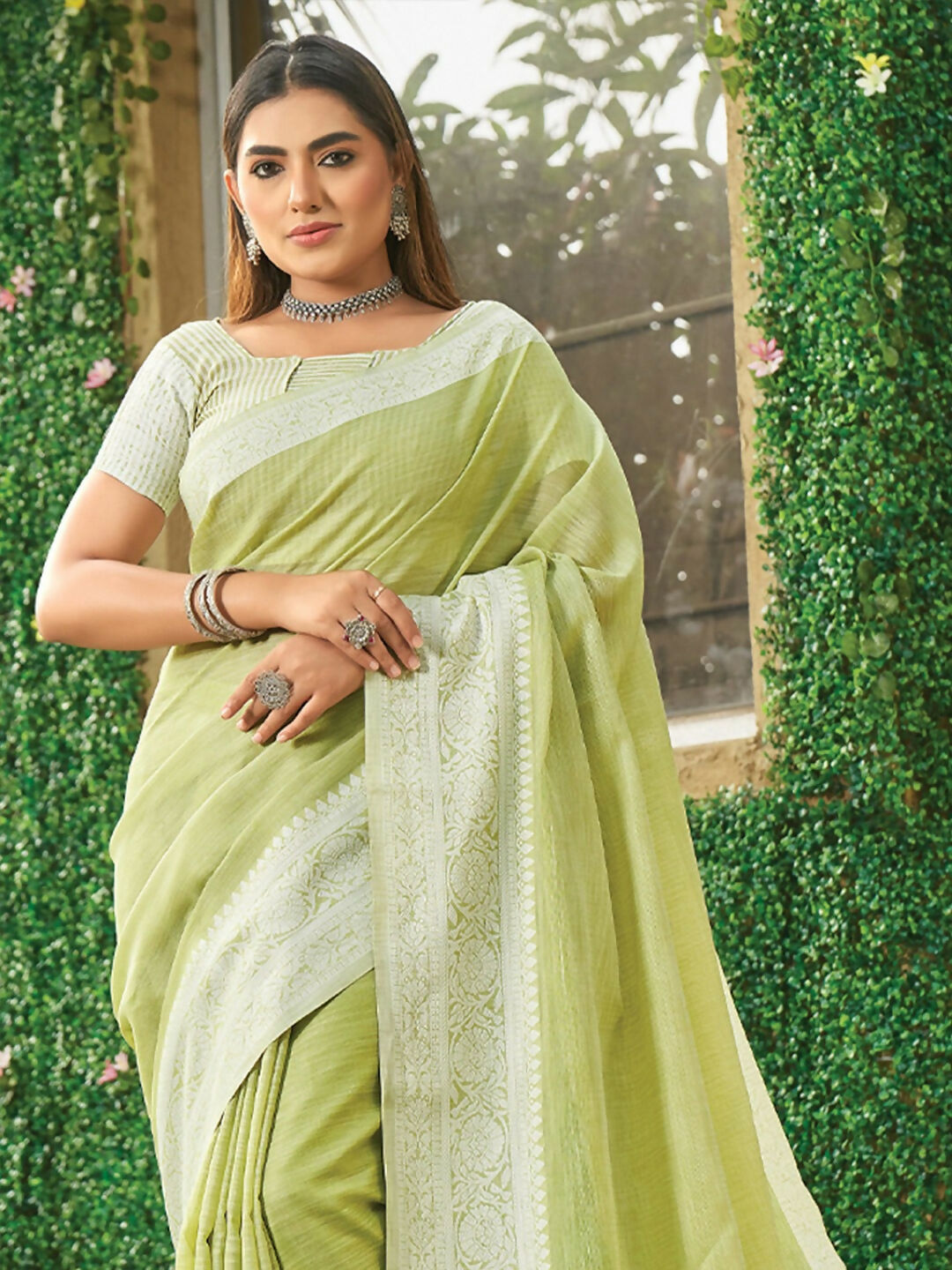 Shree Shyam Fashion Lime Green Linen Saree