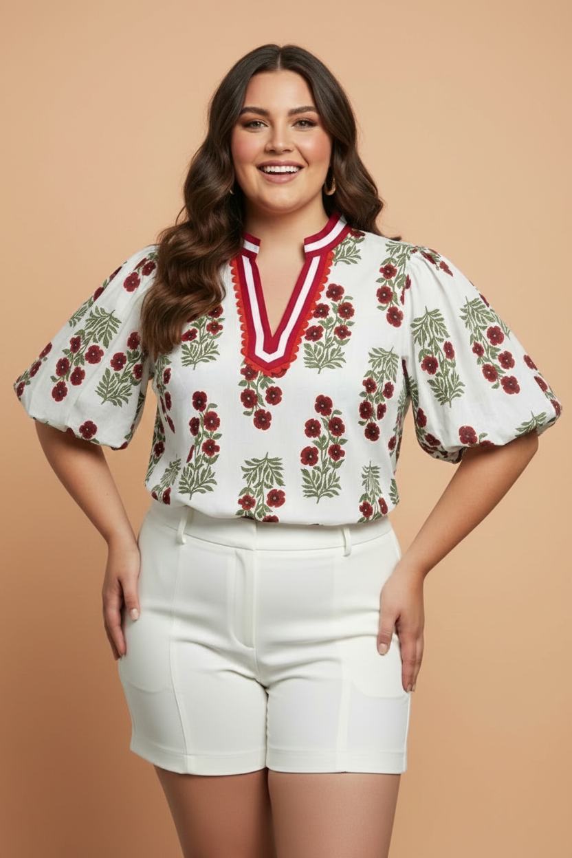 A white blouse with a red and green floral print, featuring puff sleeves, a notched neckline with red ricrac trim.